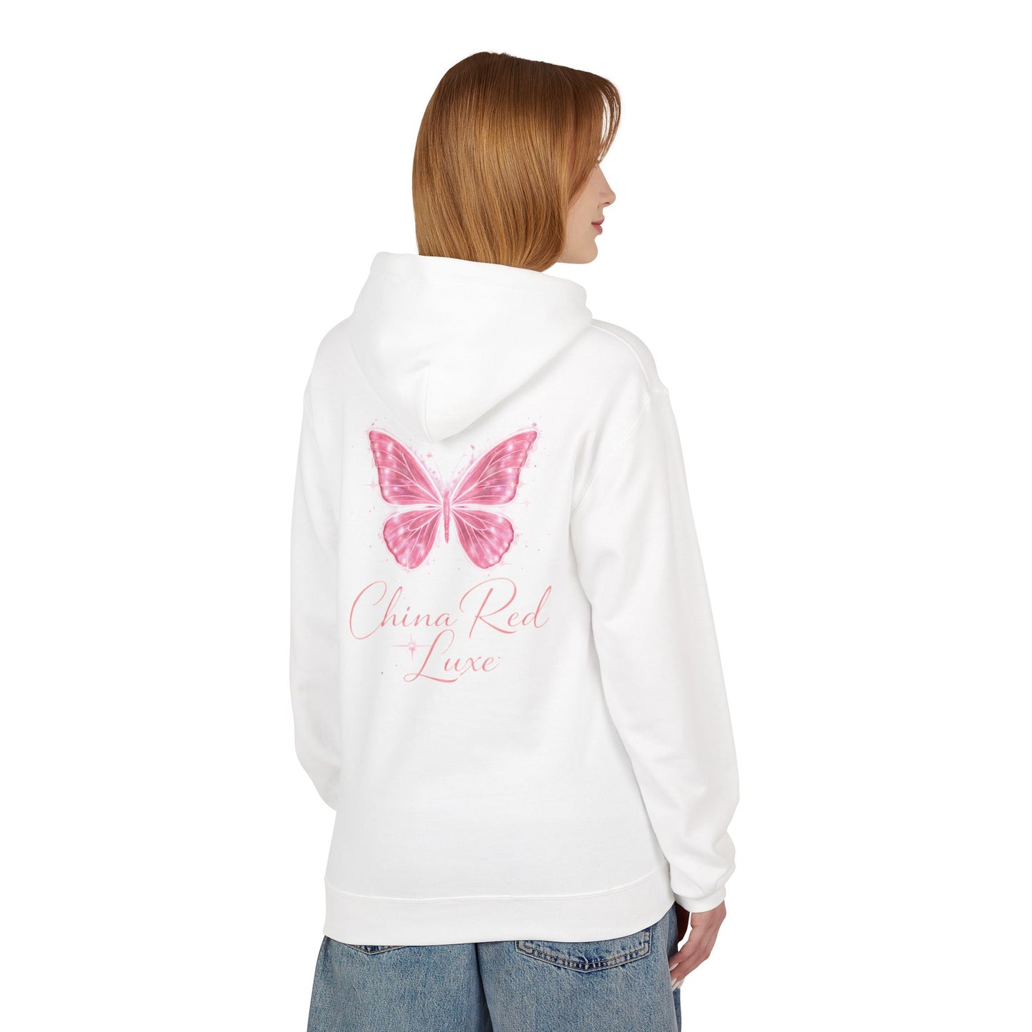 🦋 China Red Luxe Butterfly Hoodie – Pink Script Logo