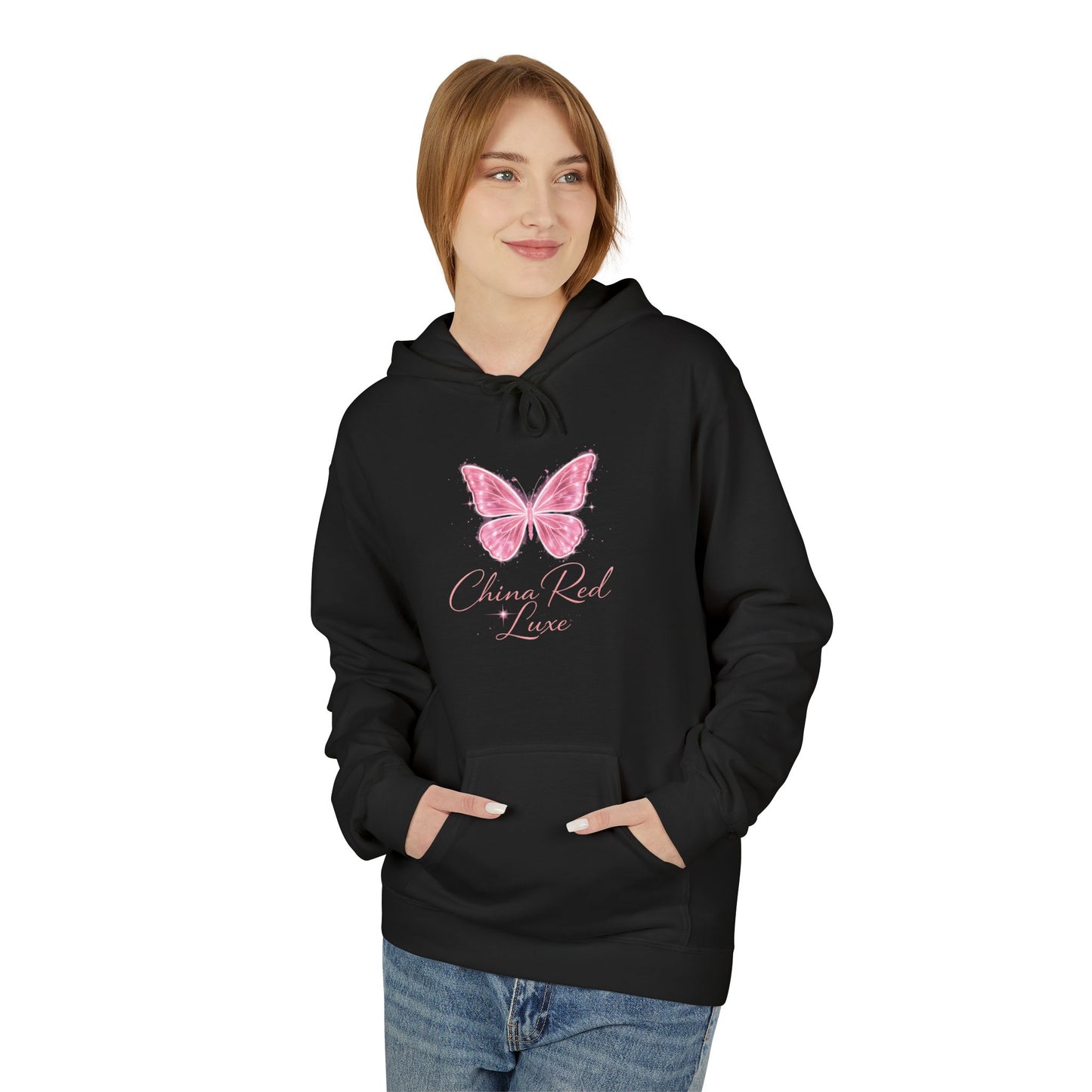 🦋 China Red Luxe Butterfly Hoodie – Pink Script Logo