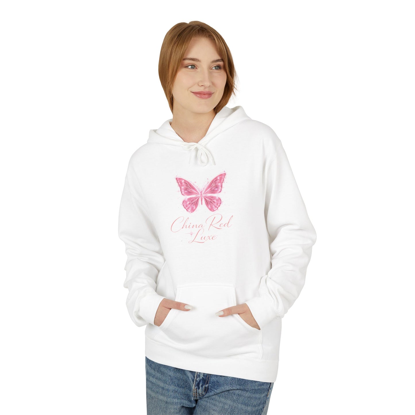 🦋 China Red Luxe Butterfly Hoodie – Pink Script Logo