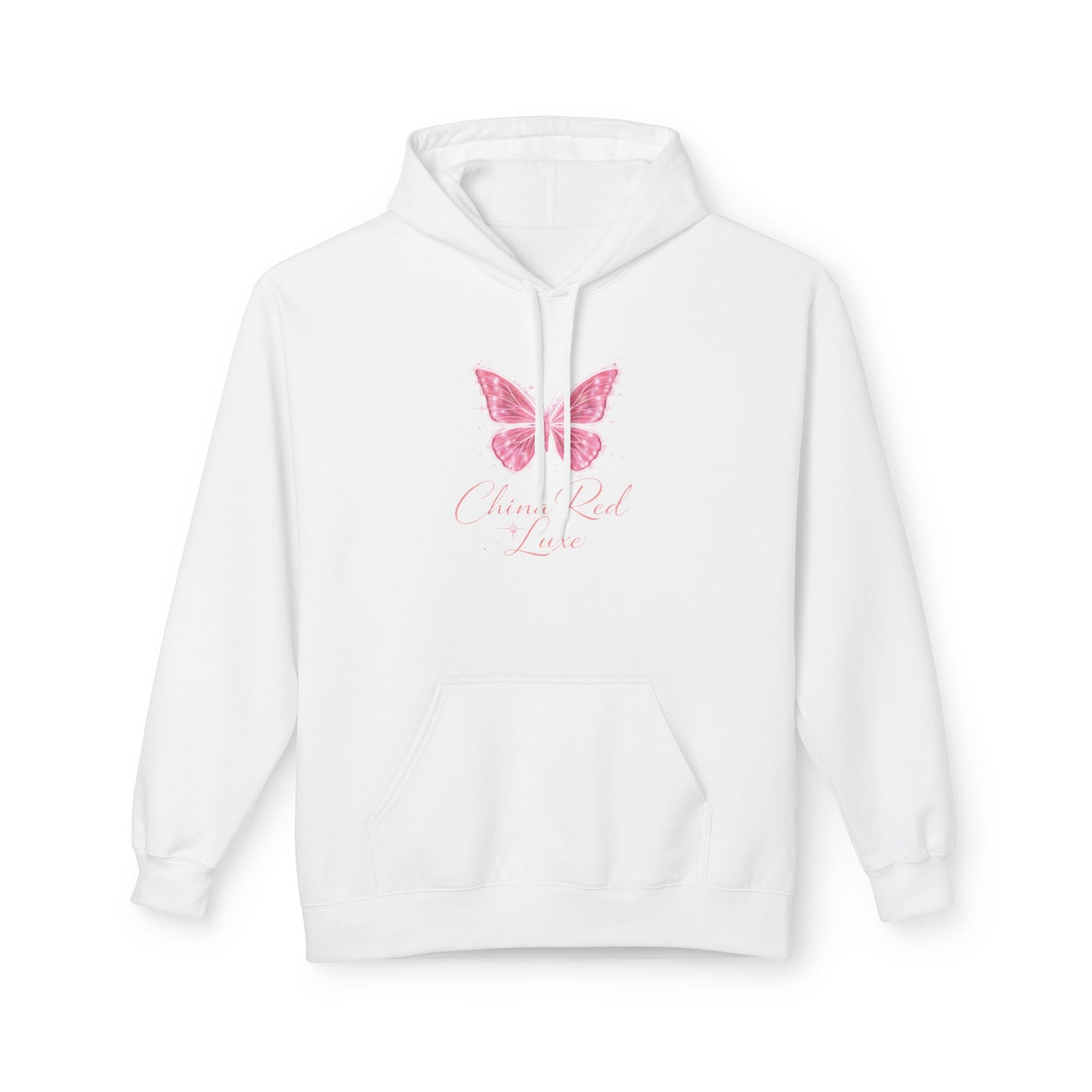 🦋 China Red Luxe Butterfly Hoodie – Pink Script Logo