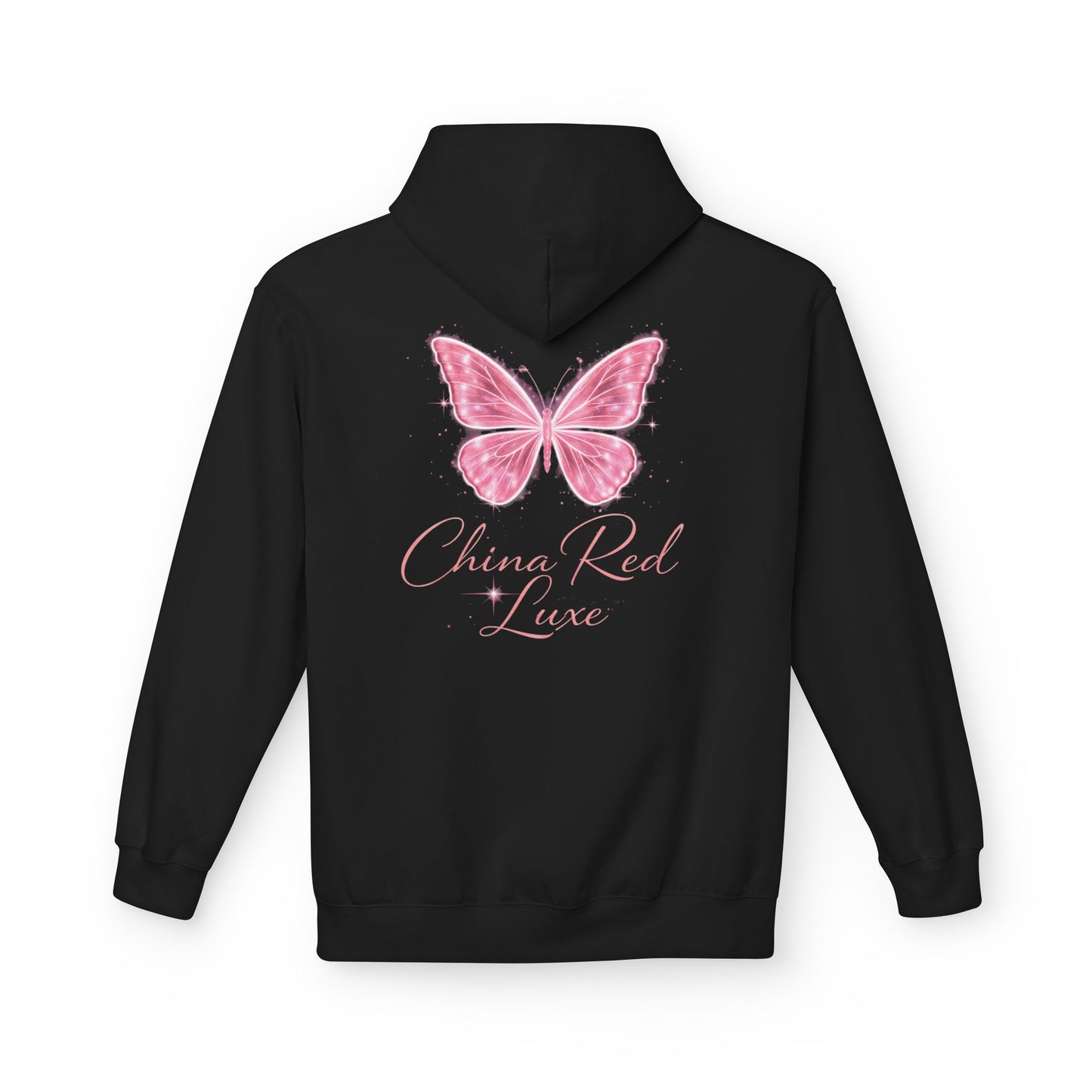 🦋 China Red Luxe Butterfly Hoodie – Pink Script Logo