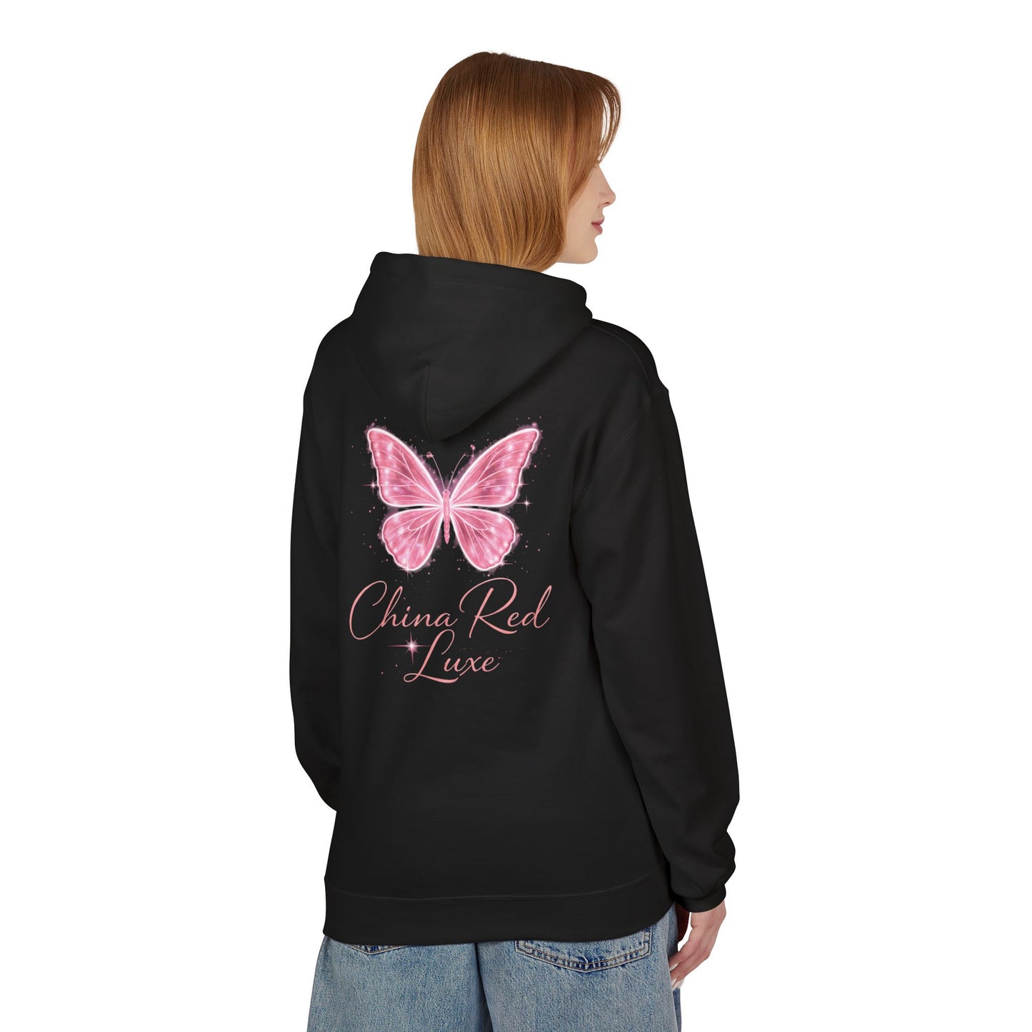 🦋 China Red Luxe Butterfly Hoodie – Pink Script Logo