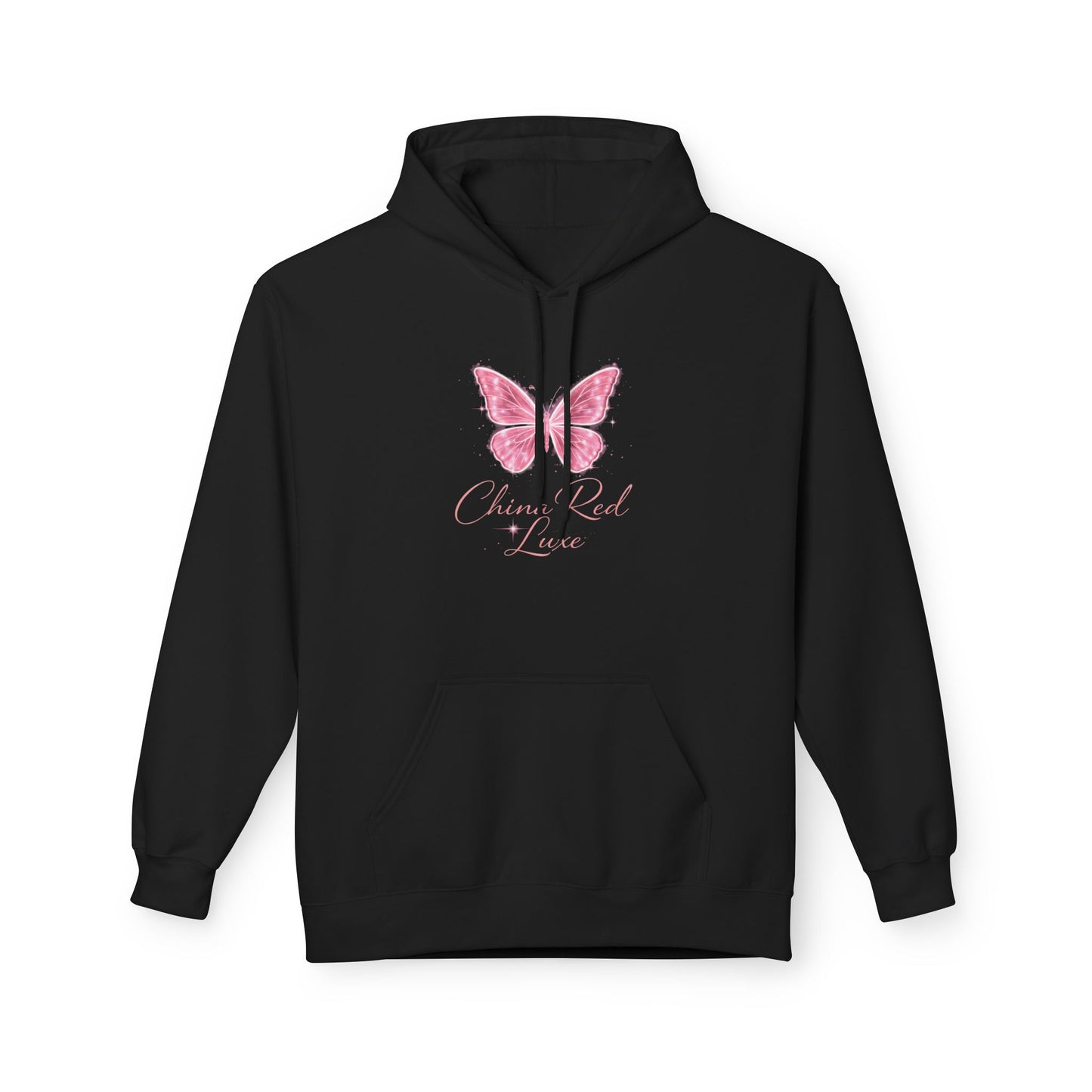 🦋 China Red Luxe Butterfly Hoodie – Pink Script Logo