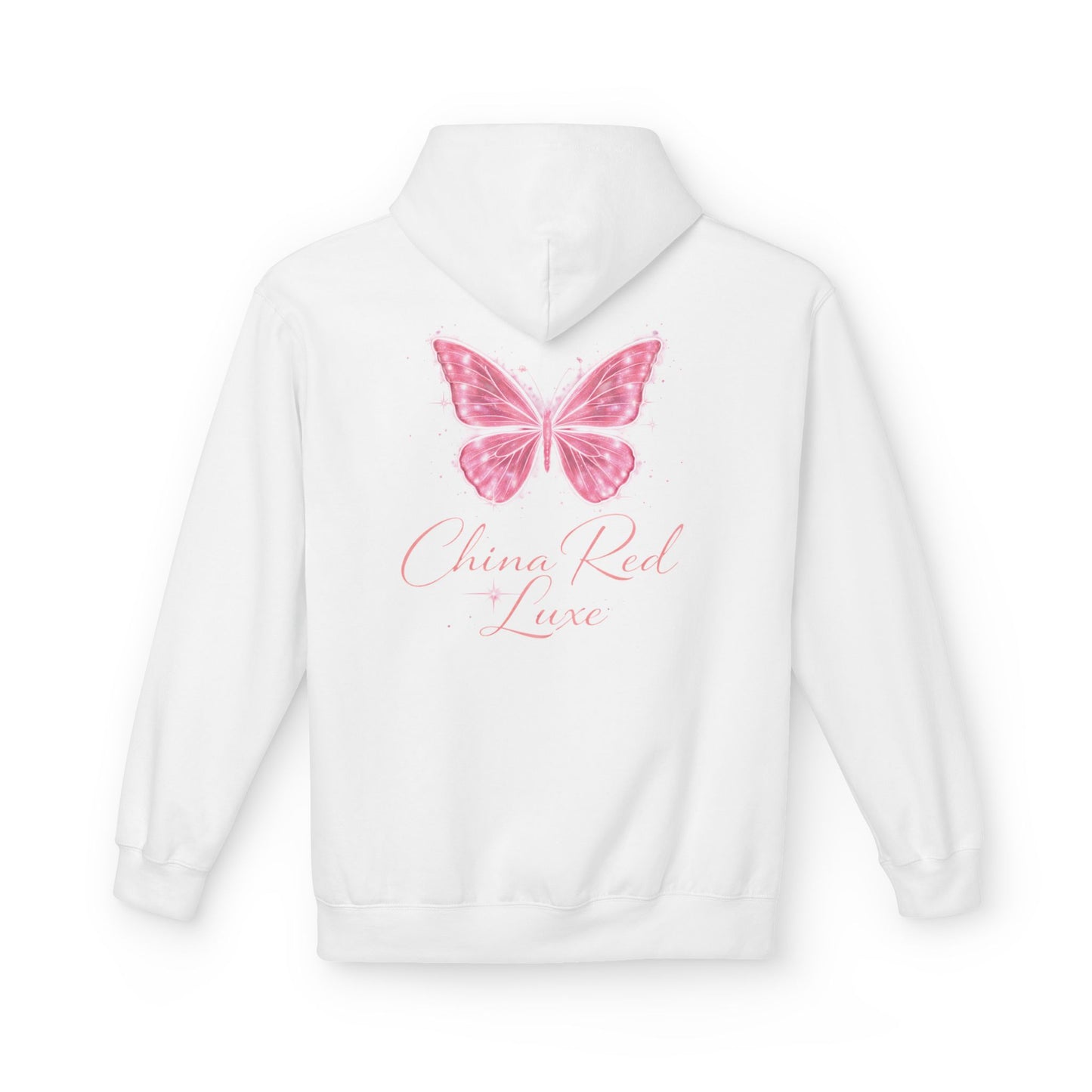 🦋 China Red Luxe Butterfly Hoodie – Pink Script Logo